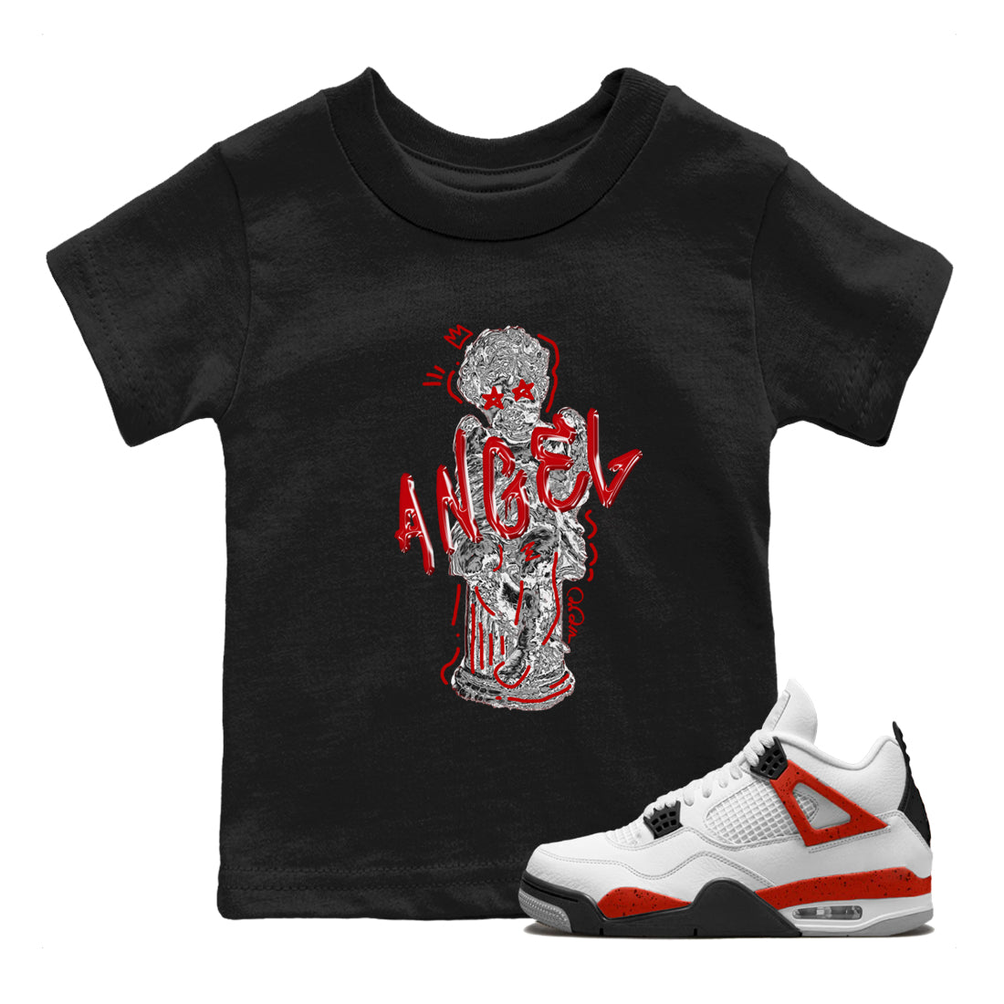 Air Jordan 4 Red Cement Sneaker Match Tees Baby Angel Streetwear Sneaker Shirt AJ4 Retro OG Red Cement Sneaker Release Tees Kids Shirts Black 1