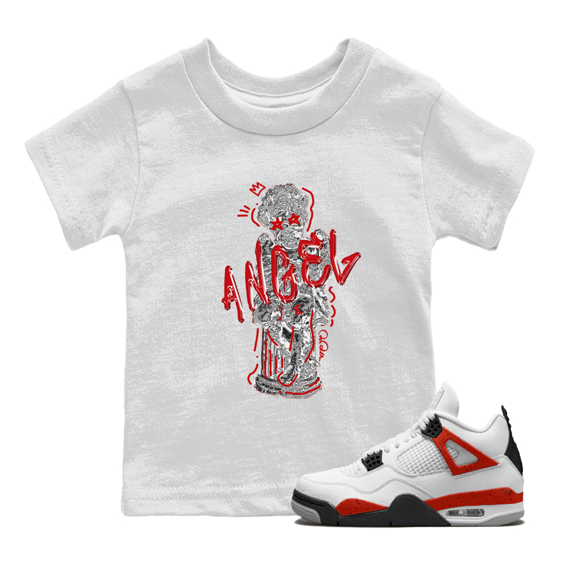 Air Jordan 4 Red Cement Sneaker Match Tees Baby Angel Streetwear Sneaker Shirt AJ4 Retro OG Red Cement Sneaker Release Tees Kids Shirts White 1