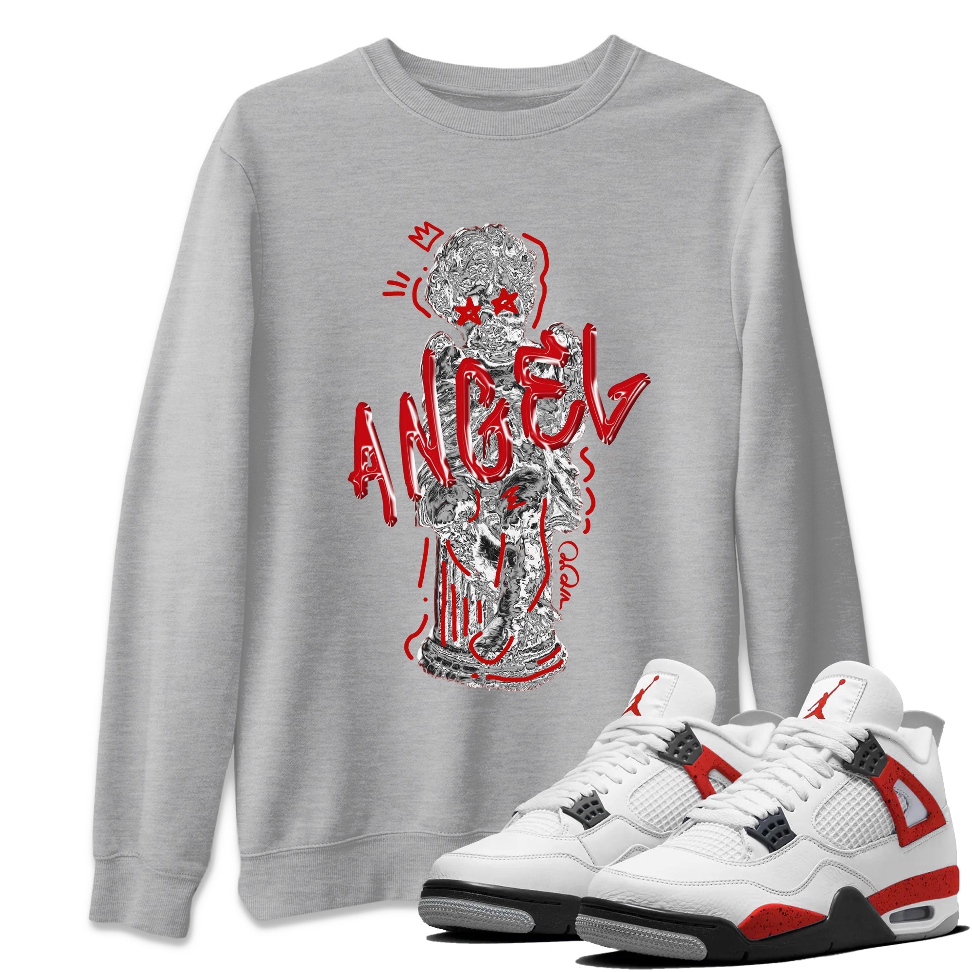 Air Jordan 4 Red Cement Sneaker Match Tees Baby Angel Streetwear Sneaker Shirt AJ4 Retro OG Red Cement Sneaker Release Tees Unisex Shirts Heather Grey 1