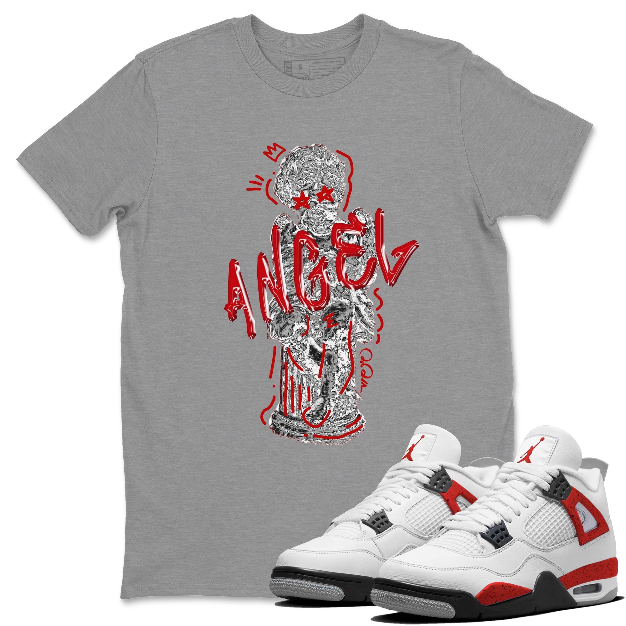 Air Jordan 4 Red Cement Sneaker Match Tees Baby Angel Streetwear Sneaker Shirt AJ4 Retro OG Red Cement Sneaker Release Tees Unisex Shirts Heather Grey 1