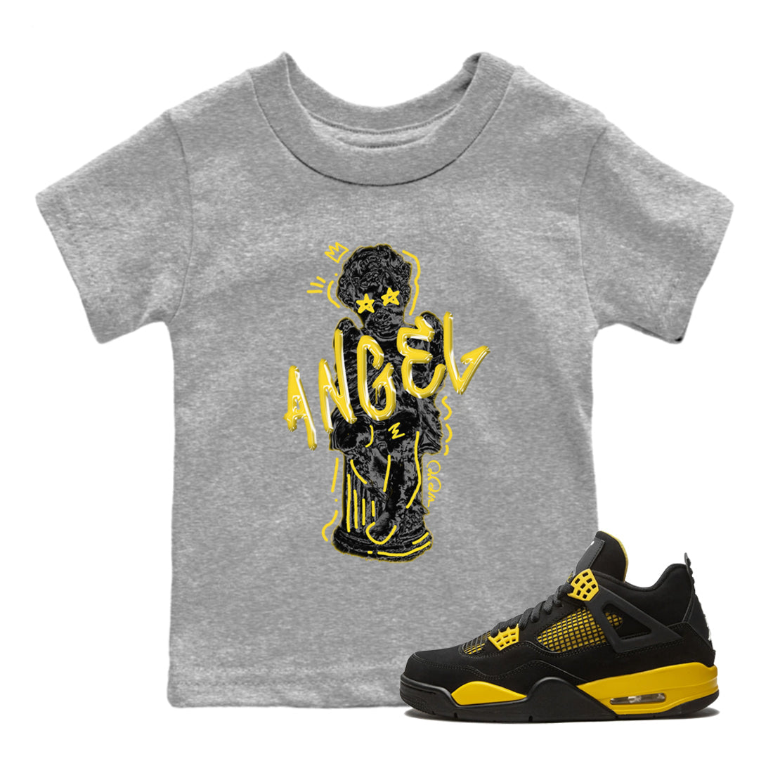 Air Jordan 4 Thunder Sneaker Match Tees Baby Angel Streetwear Sneaker Shirt AJ4 Thunder Jumpman Sneaker Release Tees Kids Shirts Heather Grey 1