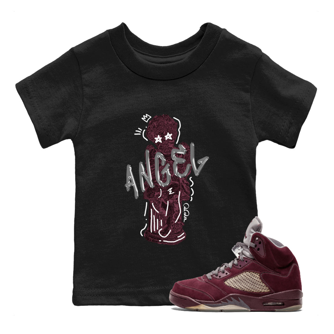 Air Jordan 5 Burgundy Sneaker Match Tees Baby Angel Streetwear Sneaker Shirt AJ5 Burgundy Sneaker Release Tees Kids Shirts Black 1