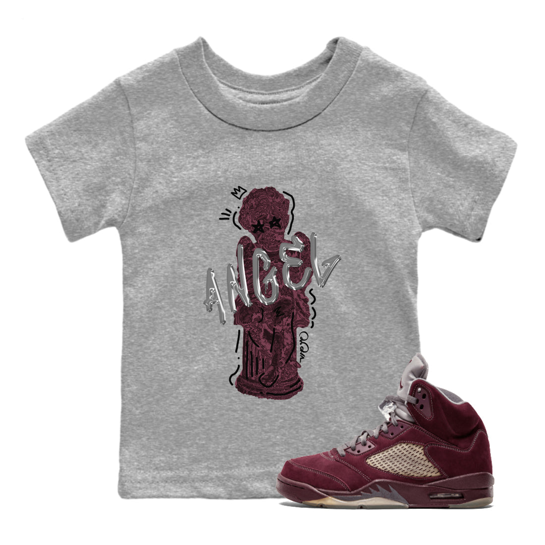 Air Jordan 5 Burgundy Sneaker Match Tees Baby Angel Streetwear Sneaker Shirt AJ5 Burgundy Sneaker Release Tees Kids Shirts Heather Grey 1