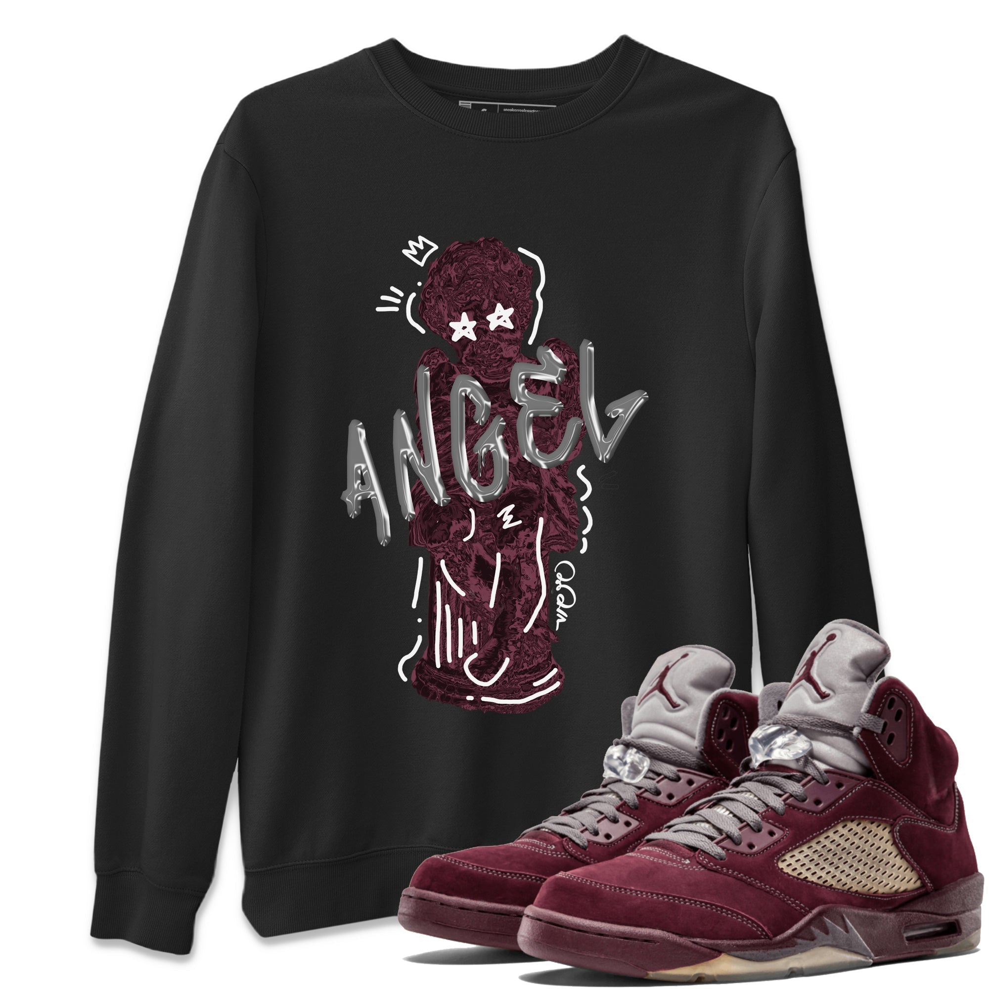 Air Jordan 5 Burgundy Sneaker Match Tees Baby Angel Streetwear Sneaker Shirt AJ5 Burgundy Sneaker Release Tees Unisex Shirts Black 1