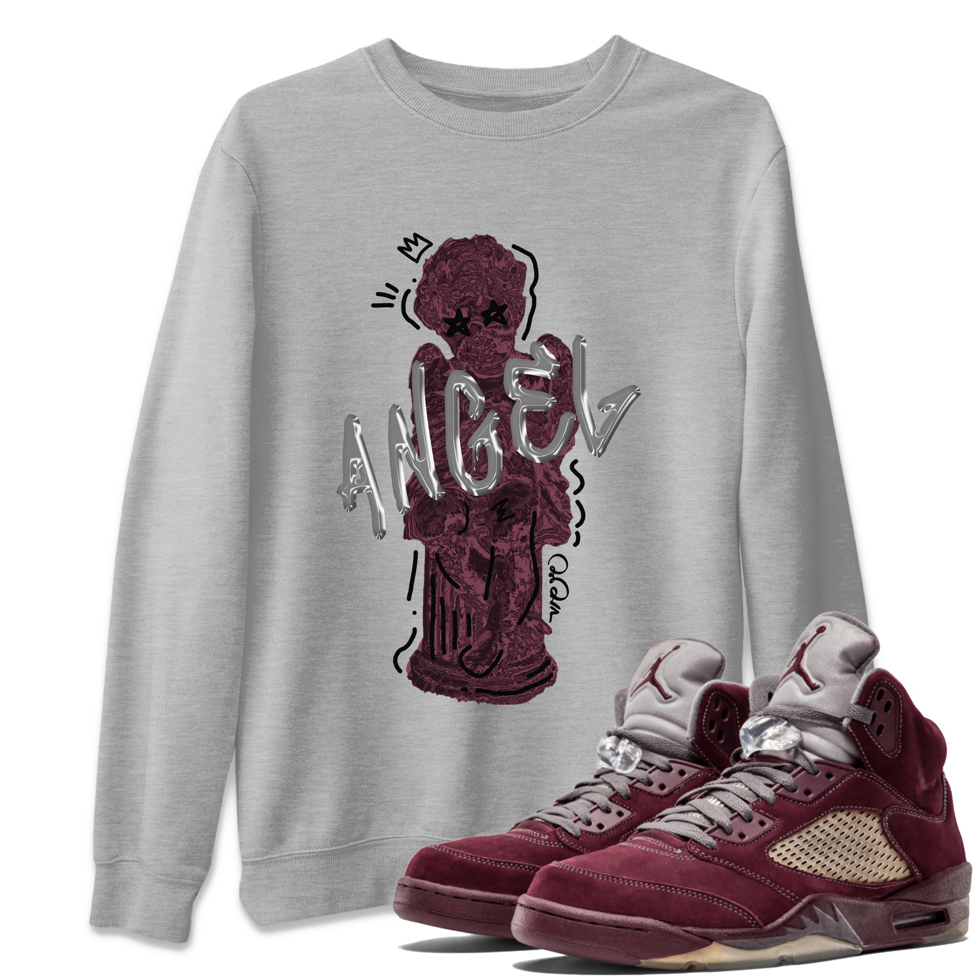 Air Jordan 5 Burgundy Sneaker Match Tees Baby Angel Streetwear Sneaker Shirt AJ5 Burgundy Sneaker Release Tees Unisex Shirts Heather Grey 1