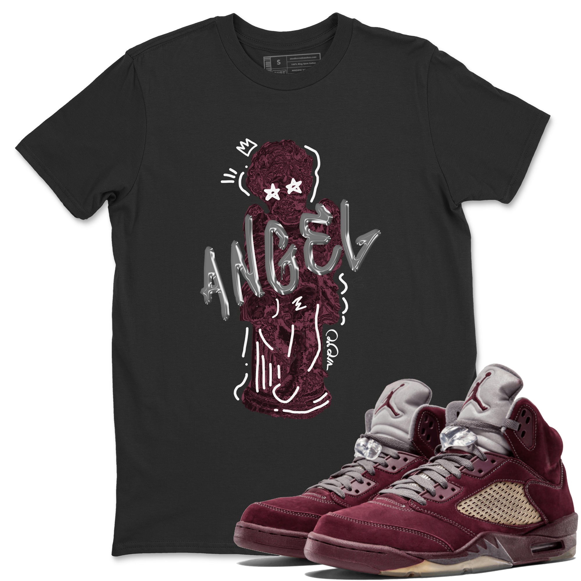 Air Jordan 5 Burgundy Sneaker Match Tees Baby Angel Streetwear Sneaker Shirt AJ5 Burgundy Sneaker Release Tees Unisex Shirts Black 1