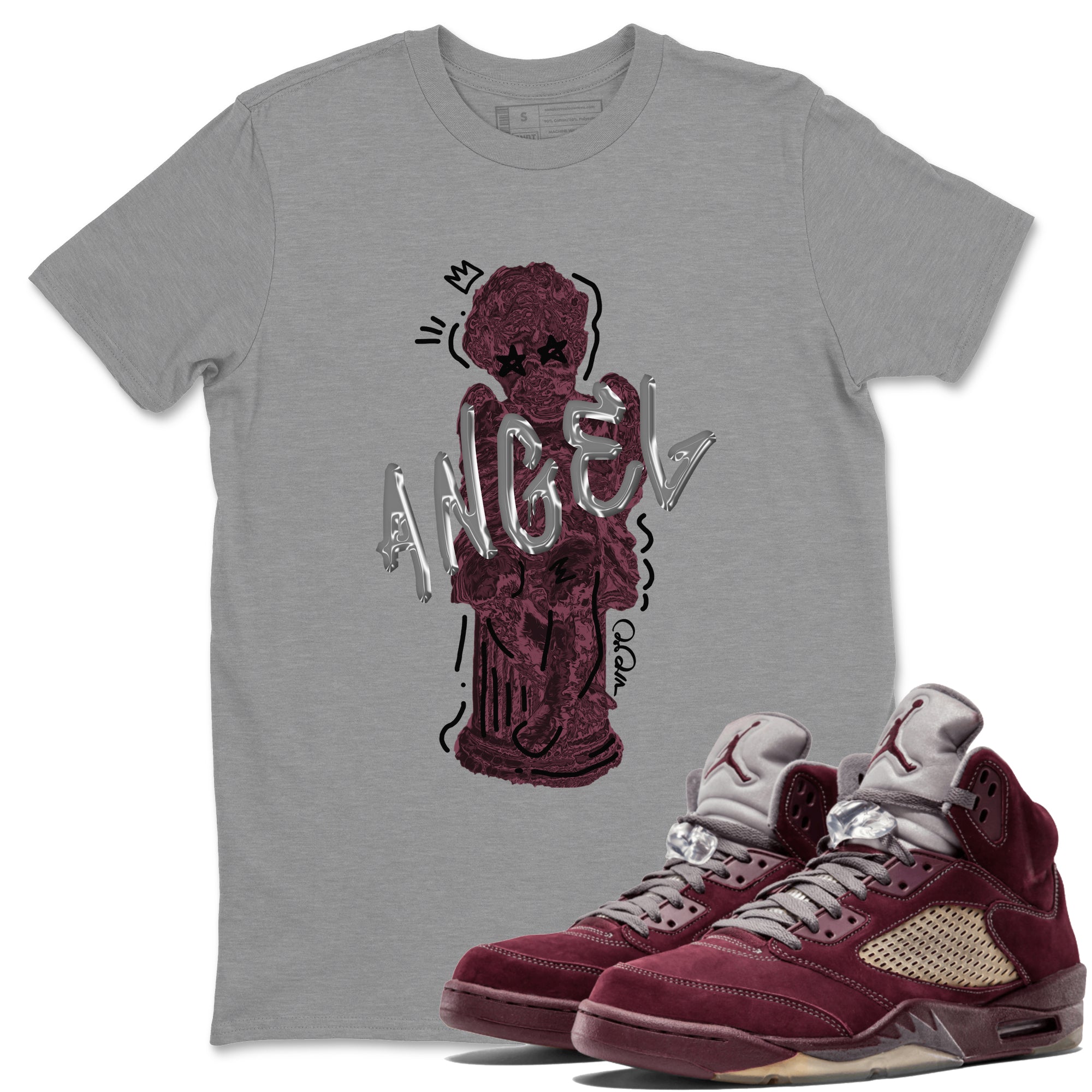 Air Jordan 5 Burgundy Sneaker Match Tees Baby Angel Streetwear Sneaker Shirt AJ5 Burgundy Sneaker Release Tees Unisex Shirts Heather Grey 1