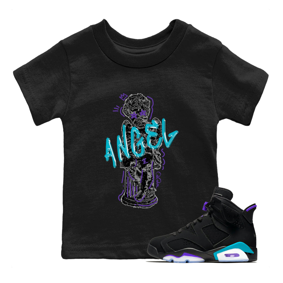 Air Jordan 6 Aqua Sneaker Match Tees Baby Angel Sneaker Tees AJ6 Aqua Sneaker Release Tees Kids Shirts Black 1