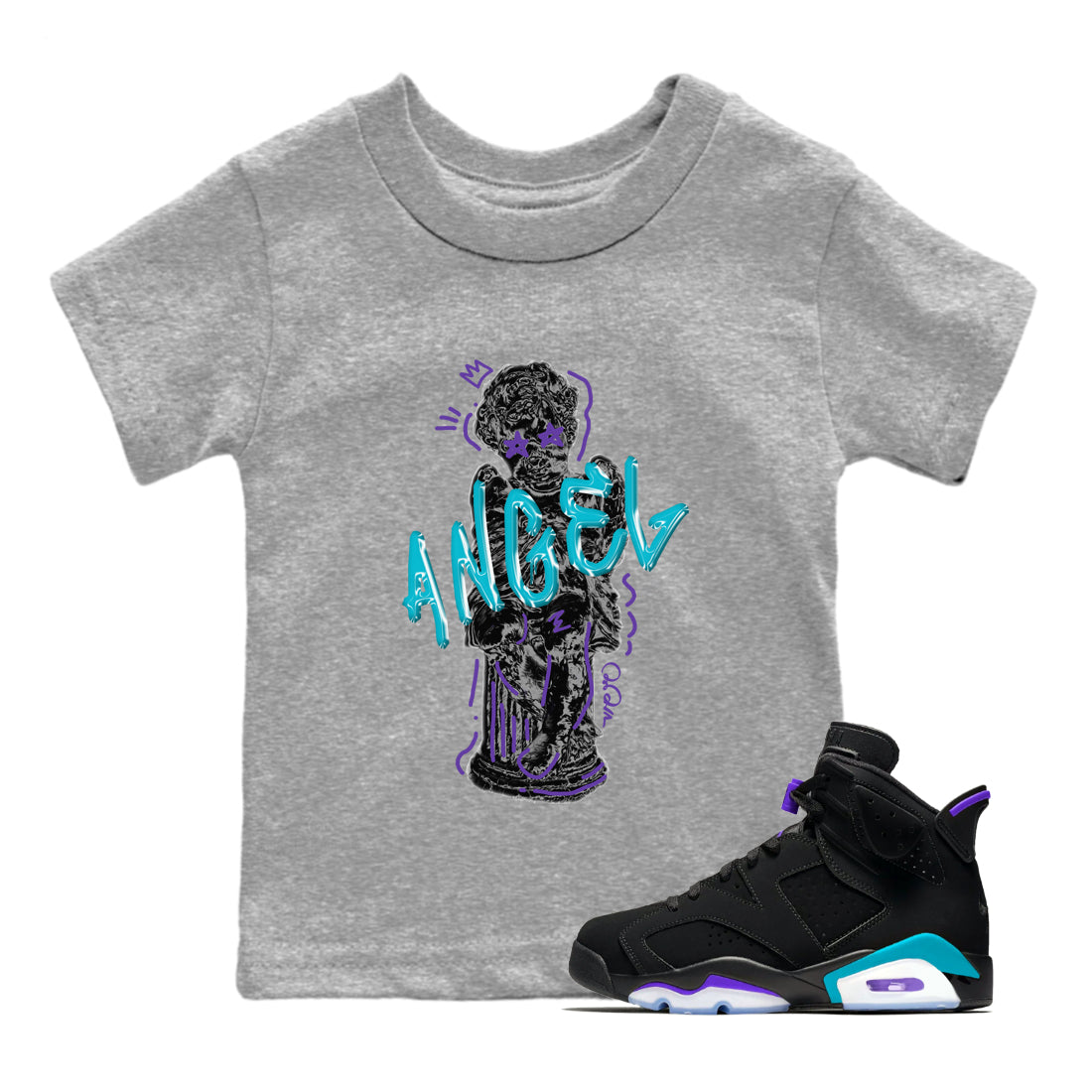 Air Jordan 6 Aqua Sneaker Match Tees Baby Angel Sneaker Tees AJ6 Aqua Sneaker Release Tees Kids Shirts Heather Grey 1
