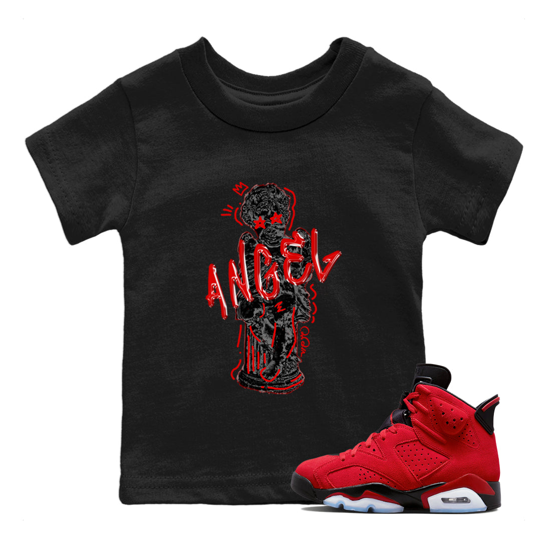 Air Jordan 6 Toro Bravo Sneaker Match Tees Baby Angel Streetwear Sneaker Shirt 3D Graphic Design Shirts AJ6 Toro Bravo Sneaker Release Tees Kids Shirts Black 1