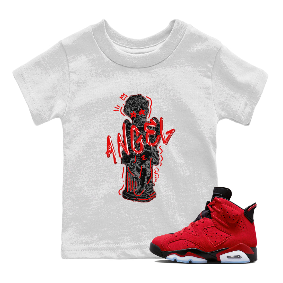 Air Jordan 6 Toro Bravo Sneaker Match Tees Baby Angel Streetwear Sneaker Shirt 3D Graphic Design Shirts AJ6 Toro Bravo Sneaker Release Tees Kids Shirts White 1