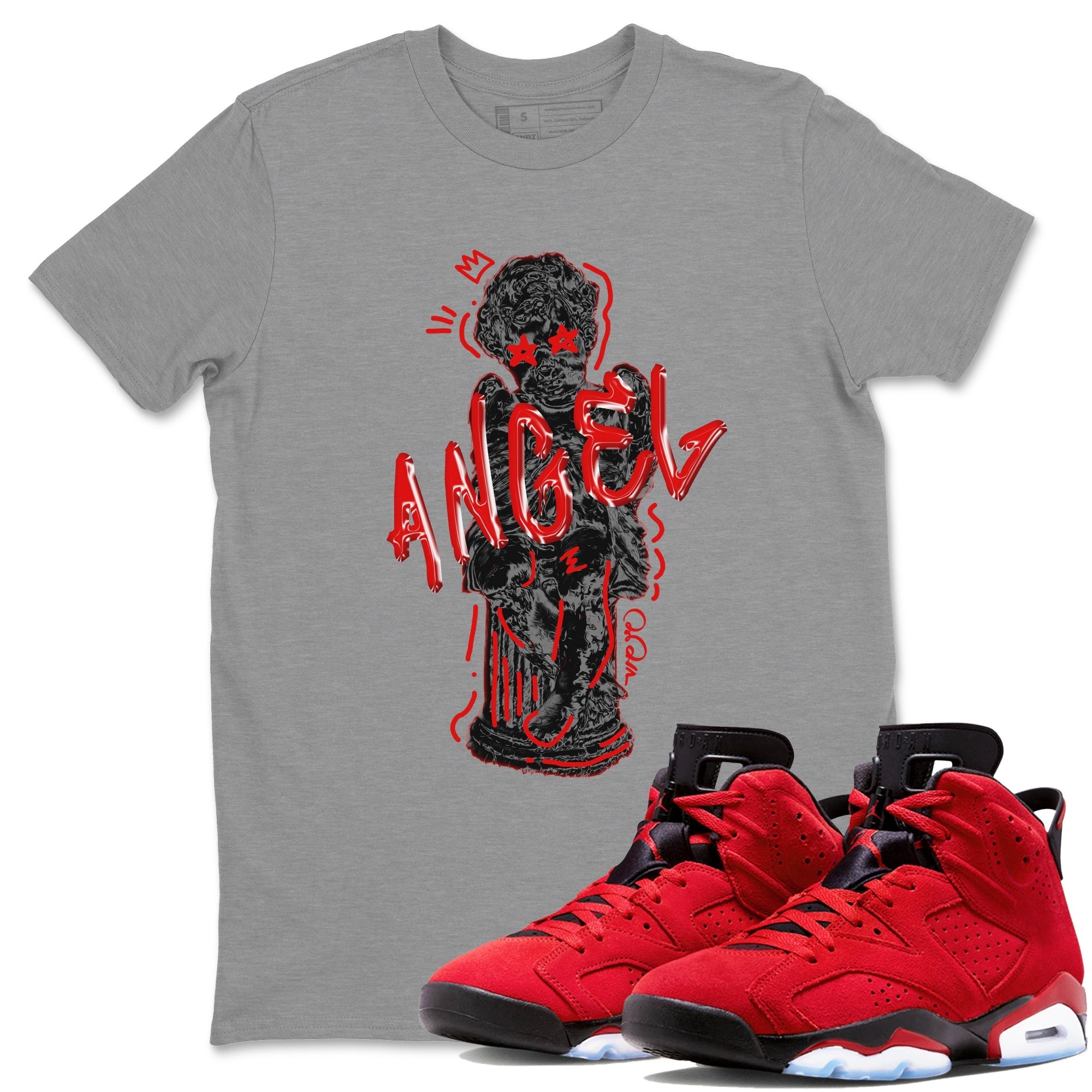 Air Jordan 6 Toro Bravo Sneaker Match Tees Baby Angel Streetwear Sneaker Shirt 3D Graphic Design Shirts AJ6 Toro Bravo Sneaker Release Tees Unisex Shirts Heather Grey 1