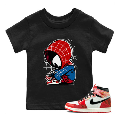 Air Jordan 1 Spider Man Sneaker Match Tees Baby Spider Sneaker Release Tees Spider-Man: Across the Spider-Verse x Air Jordan 1 Sneaker Release Tees Kids Shirts Black 1