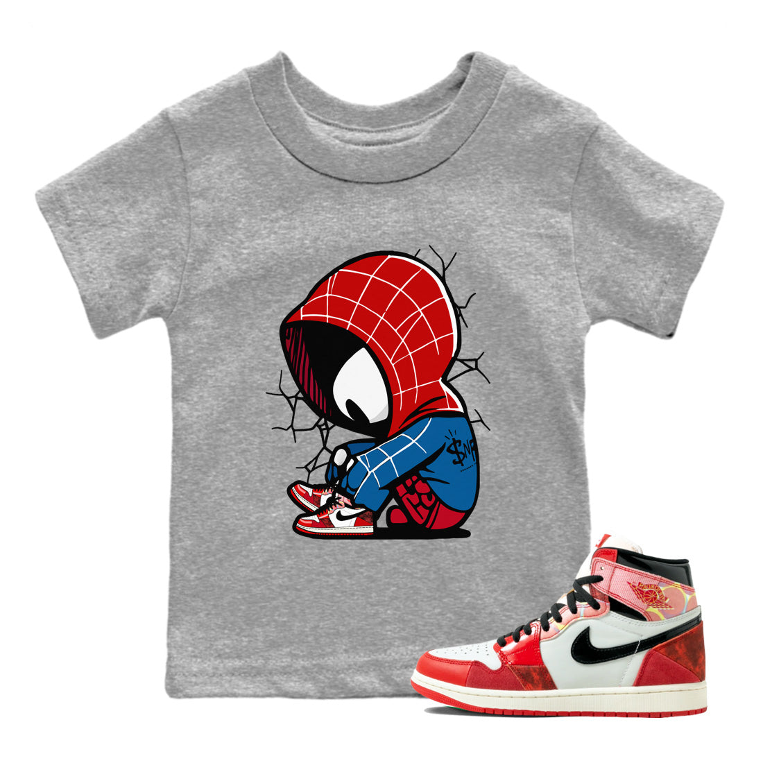 Air Jordan 1 Spider Man Sneaker Match Tees Baby Spider Sneaker Release Tees Spider-Man: Across the Spider-Verse x Air Jordan 1 Sneaker Release Tees Kids Shirts Heather Grey 1
