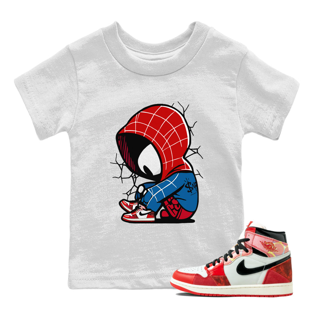 Air Jordan 1 Spider Man Sneaker Match Tees Baby Spider Sneaker Release Tees Spider-Man: Across the Spider-Verse x Air Jordan 1 Sneaker Release Tees Kids Shirts White 1