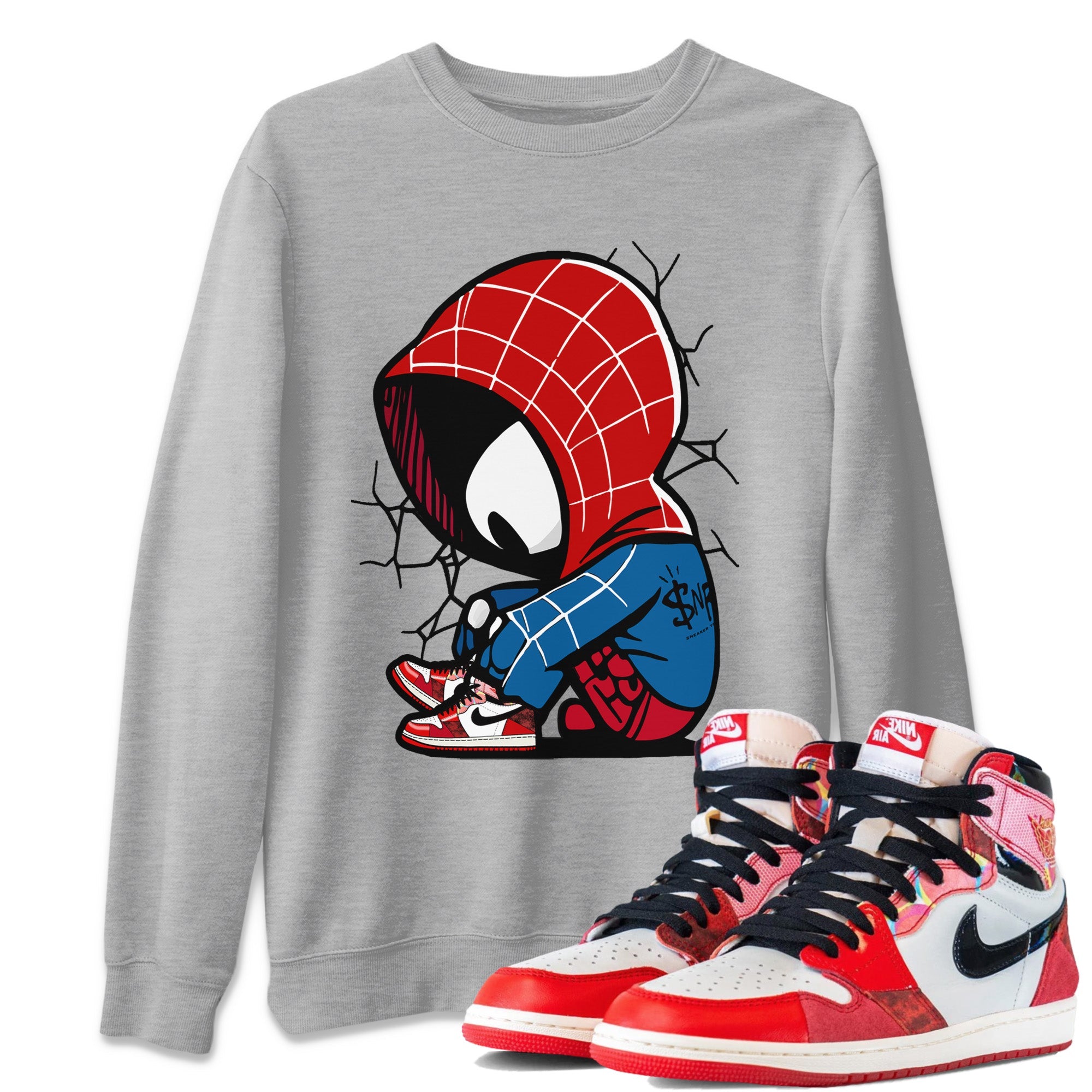 Air Jordan 1 Spider Man Sneaker Match Tees Baby Spider Sneaker Release Tees Spider-Man: Across the Spider-Verse x Air Jordan 1 Sneaker Release Tees Unisex Shirts Heather Grey 1