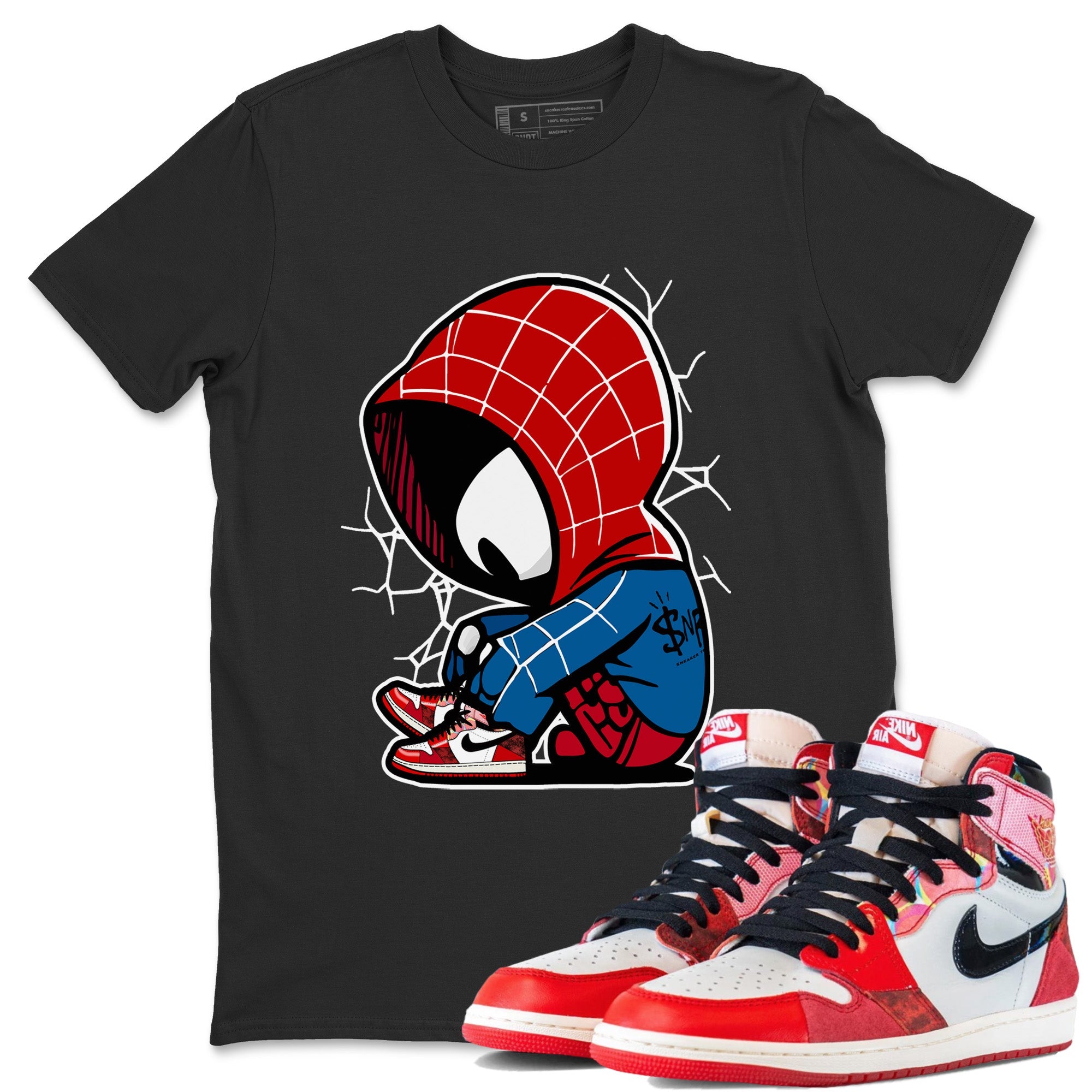 Air Jordan 1 Spider Man Sneaker Match Tees Baby Spider Sneaker Release Tees Spider-Man: Across the Spider-Verse x Air Jordan 1 Sneaker Release Tees Unisex Shirts Black 1