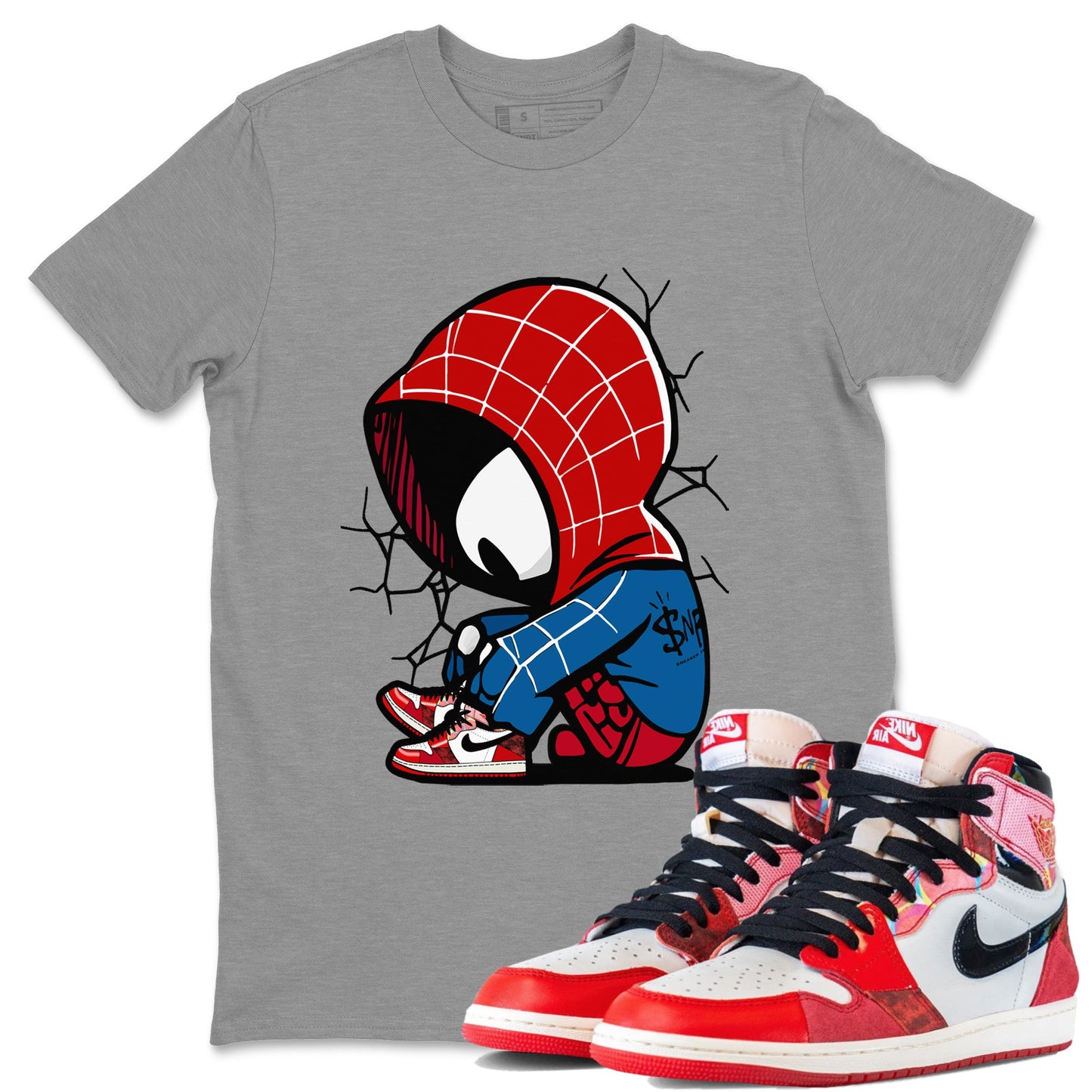 Air Jordan 1 Spider Man Sneaker Match Tees Baby Spider Sneaker Release Tees Spider-Man: Across the Spider-Verse x Air Jordan 1 Sneaker Release Tees Unisex Shirts Heather Grey 1