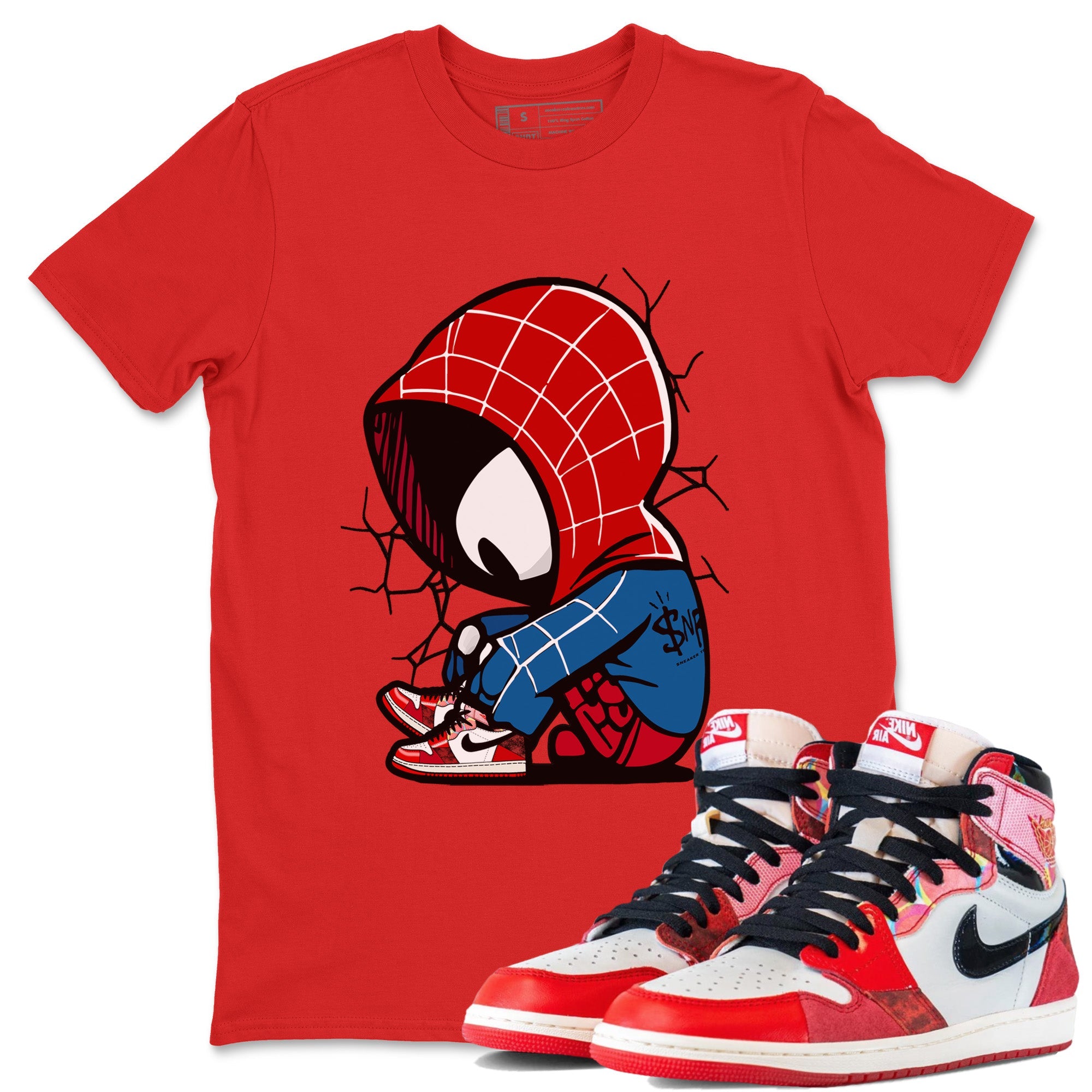 Air Jordan 1 Spider Man Sneaker Match Tees Baby Spider Sneaker Release Tees Spider-Man: Across the Spider-Verse x Air Jordan 1 Sneaker Release Tees Unisex Shirts Red 1