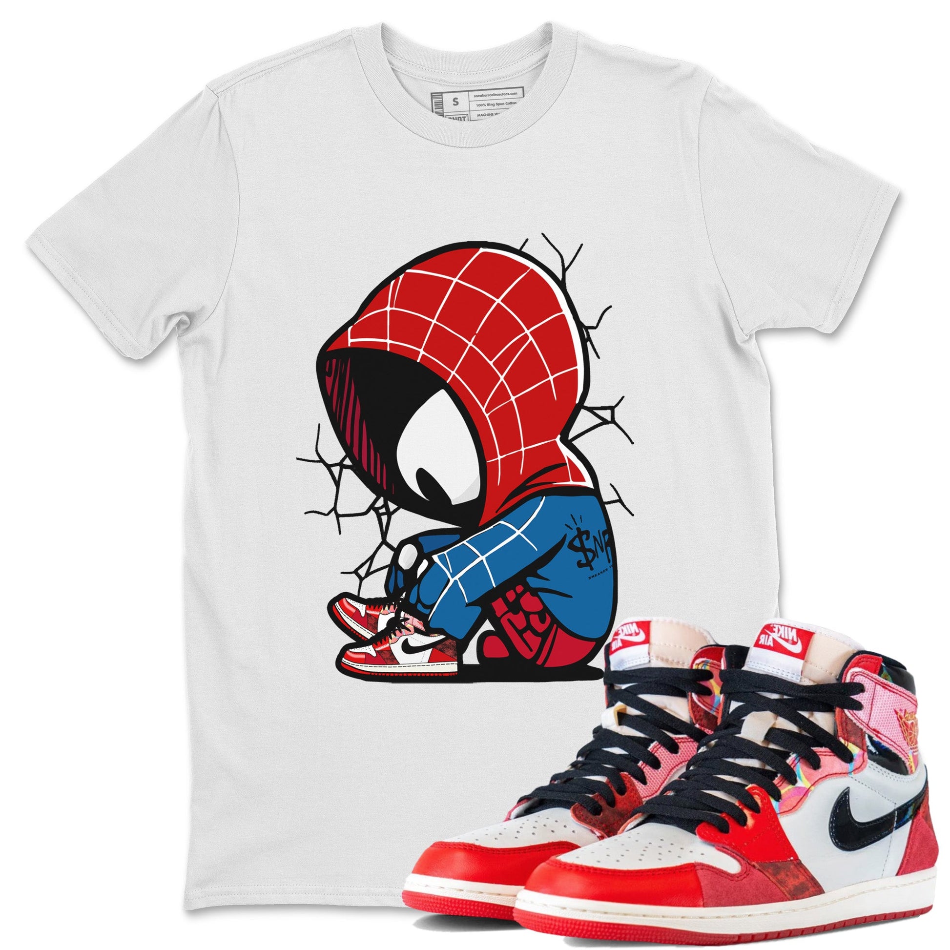 Air Jordan 1 Spider Man Sneaker Match Tees Baby Spider Sneaker Release Tees Spider-Man: Across the Spider-Verse x Air Jordan 1 Sneaker Release Tees Unisex Shirts White 1