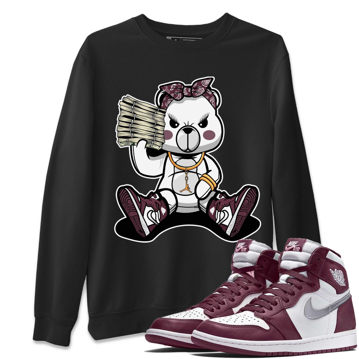 Jordan 1 Bordeaux Sneaker Matching T-Shirt Bad Baby Bear Sneaker Tees Jordan 1 Bordeaux Sneaker Release Tees Crew Neck Tees