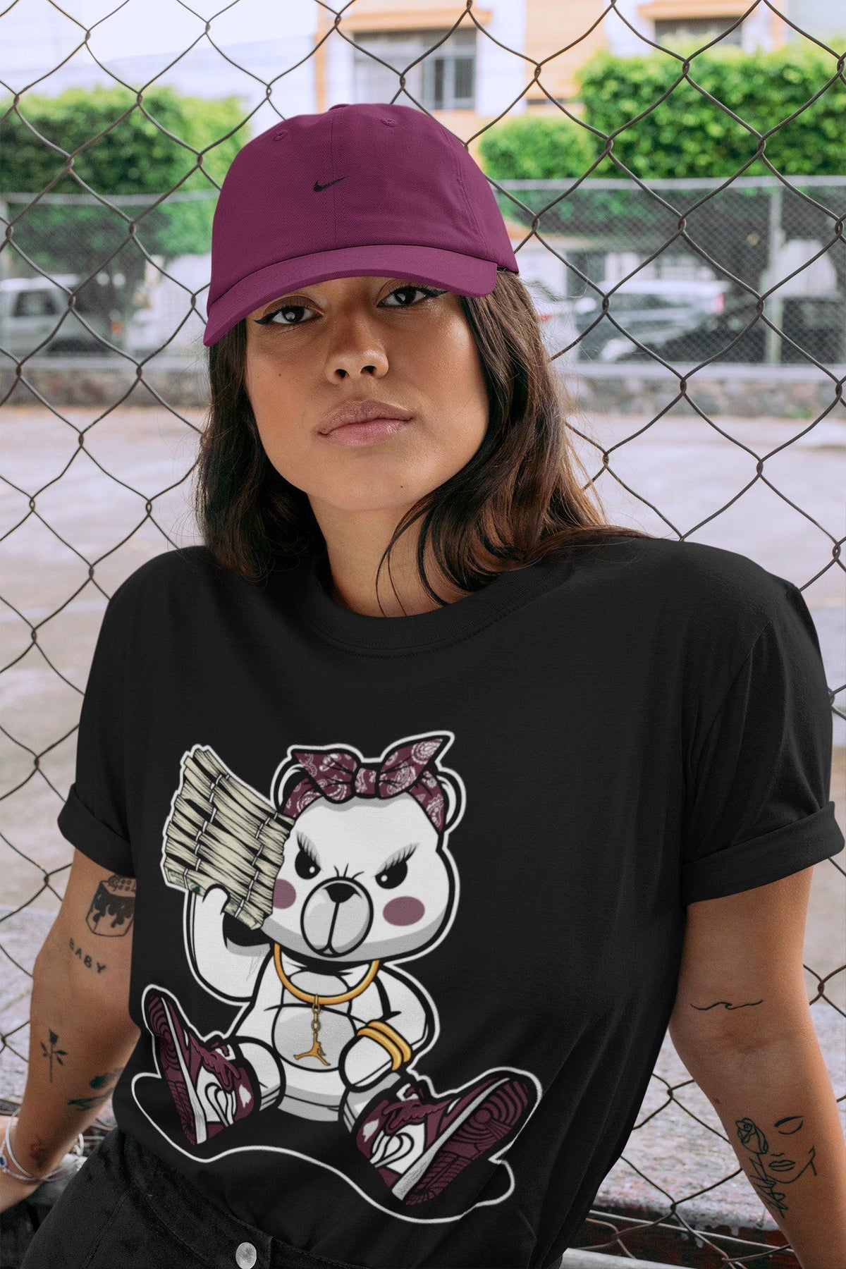 Jordan 1 Bordeaux Sneaker Matching T-Shirt Bad Baby Bear Sneaker Tees Jordan 1 Bordeaux Sneaker Release Tees Crew Neck Tees