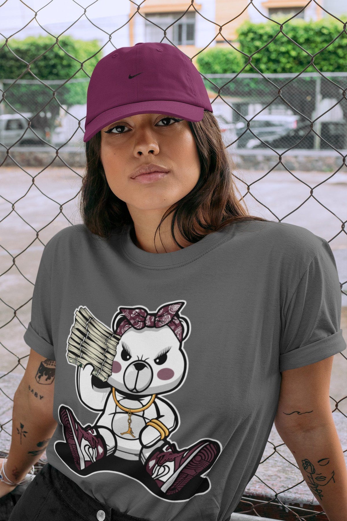 Jordan 1 Bordeaux Sneaker Matching T-Shirt Bad Baby Bear Sneaker Tees Jordan 1 Bordeaux Sneaker Release Tees Crew Neck Tees