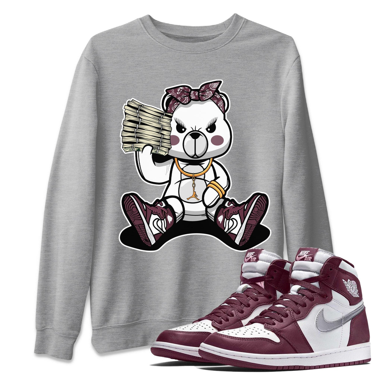 Jordan 1 Bordeaux Sneaker Matching T-Shirt Bad Baby Bear Sneaker Tees Jordan 1 Bordeaux Sneaker Release Tees Crew Neck Tees