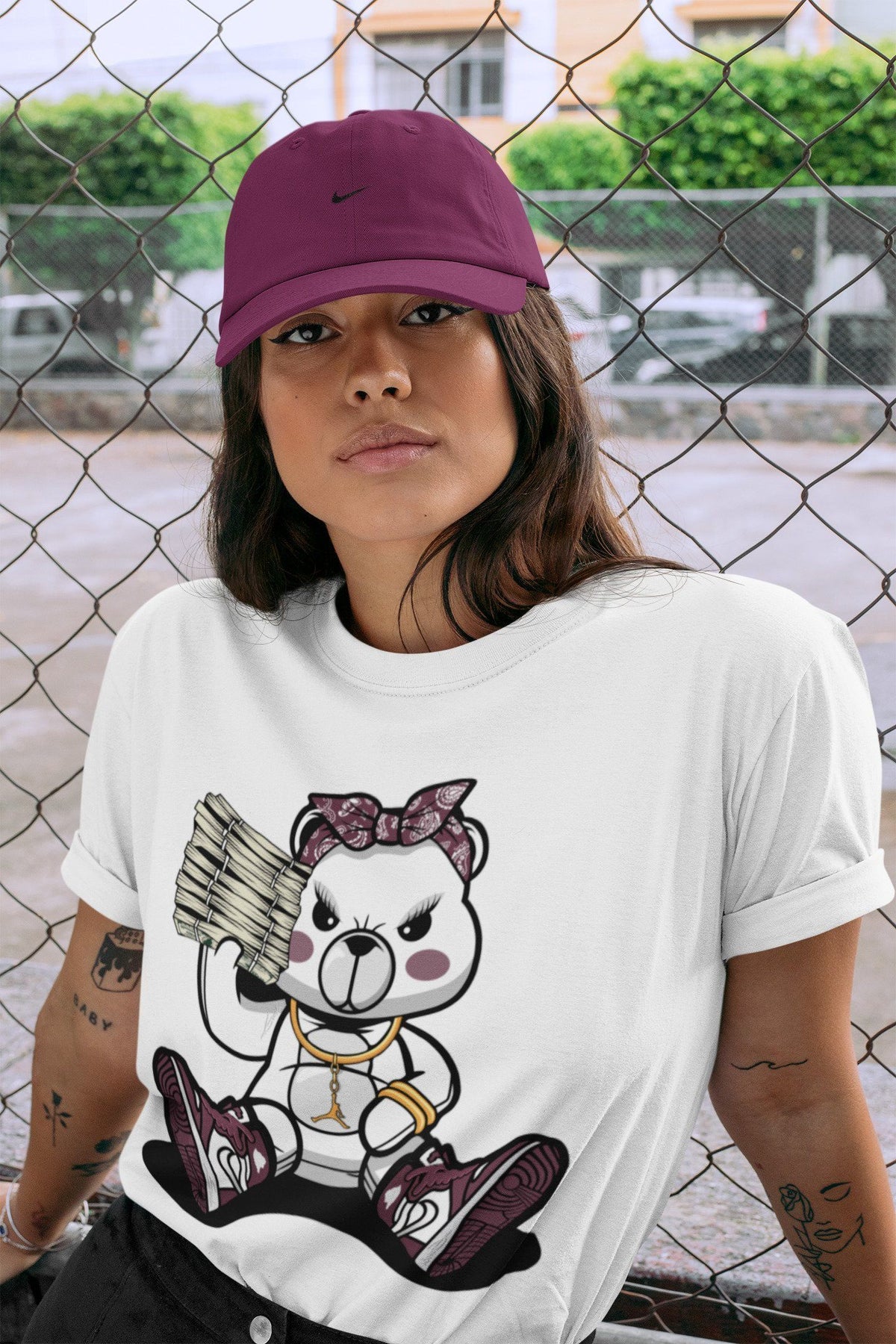 Jordan 1 Bordeaux Sneaker Matching T-Shirt Bad Baby Bear Sneaker Tees Jordan 1 Bordeaux Sneaker Release Tees Crew Neck Tees