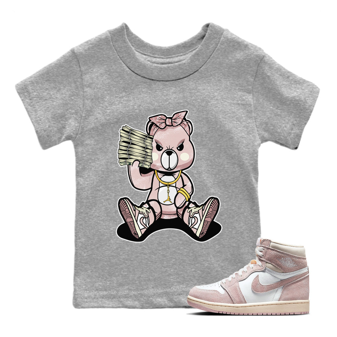 Air Jordan 1 Washed Pink Sneaker Match Tees Bad Baby Bear Streetwear Sneaker Shirt Air Jordan 1 High OG WMNS Washed Pink Sneaker Release Tees Kids Shirts Heather Grey 1