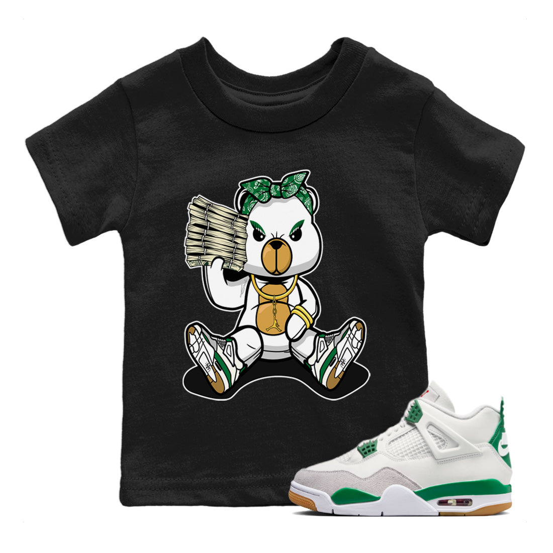 Air Jordan 4 Pine Green Sneaker Match Tees Bad Baby Bear Streetwear Sneaker Shirt Nike SB Air Jordan 4 Pine Green Sneaker Release Tees Kids Shirts Black 1