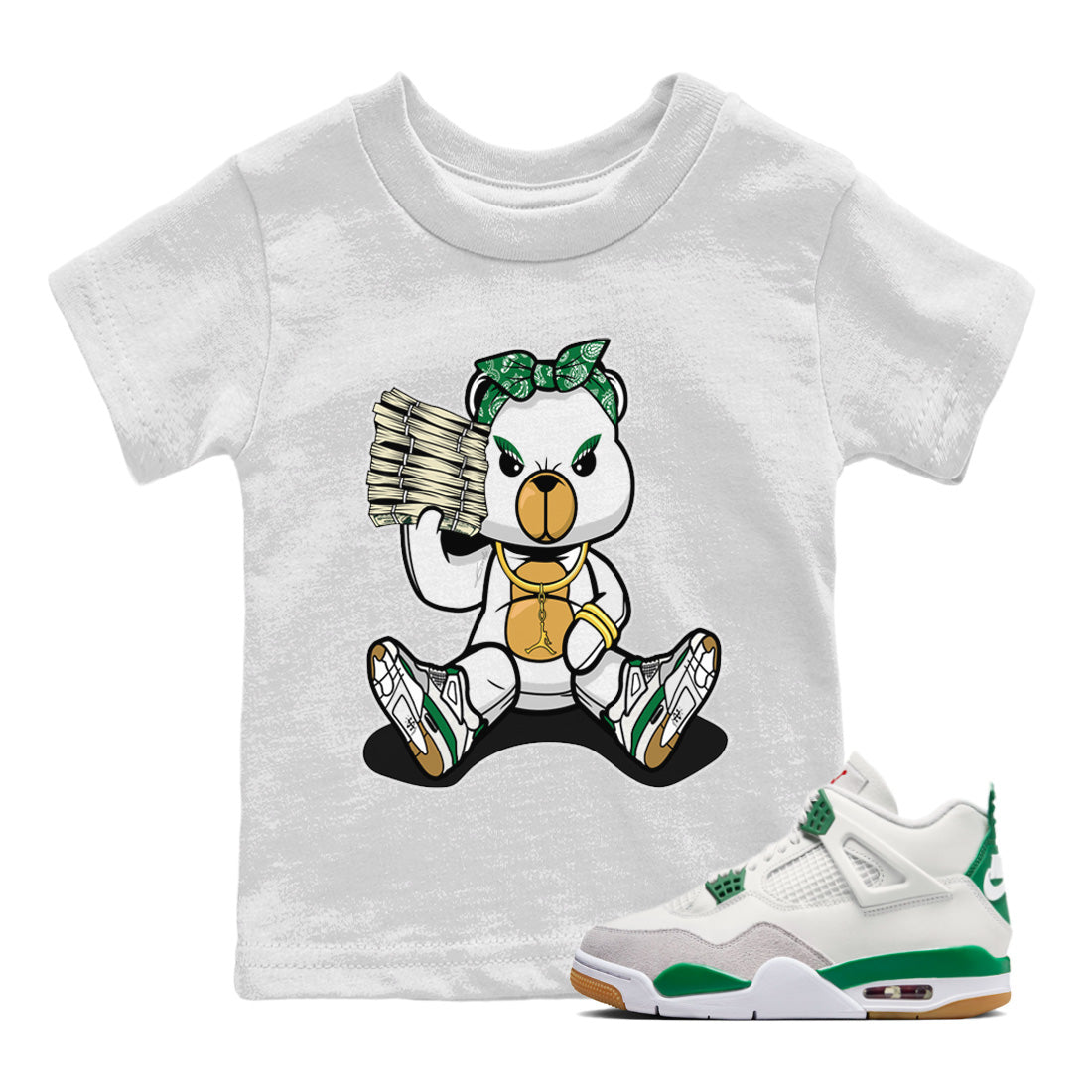 Air Jordan 4 Pine Green Sneaker Match Tees Bad Baby Bear Streetwear Sneaker Shirt Nike SB Air Jordan 4 Pine Green Sneaker Release Tees Kids Shirts White 1