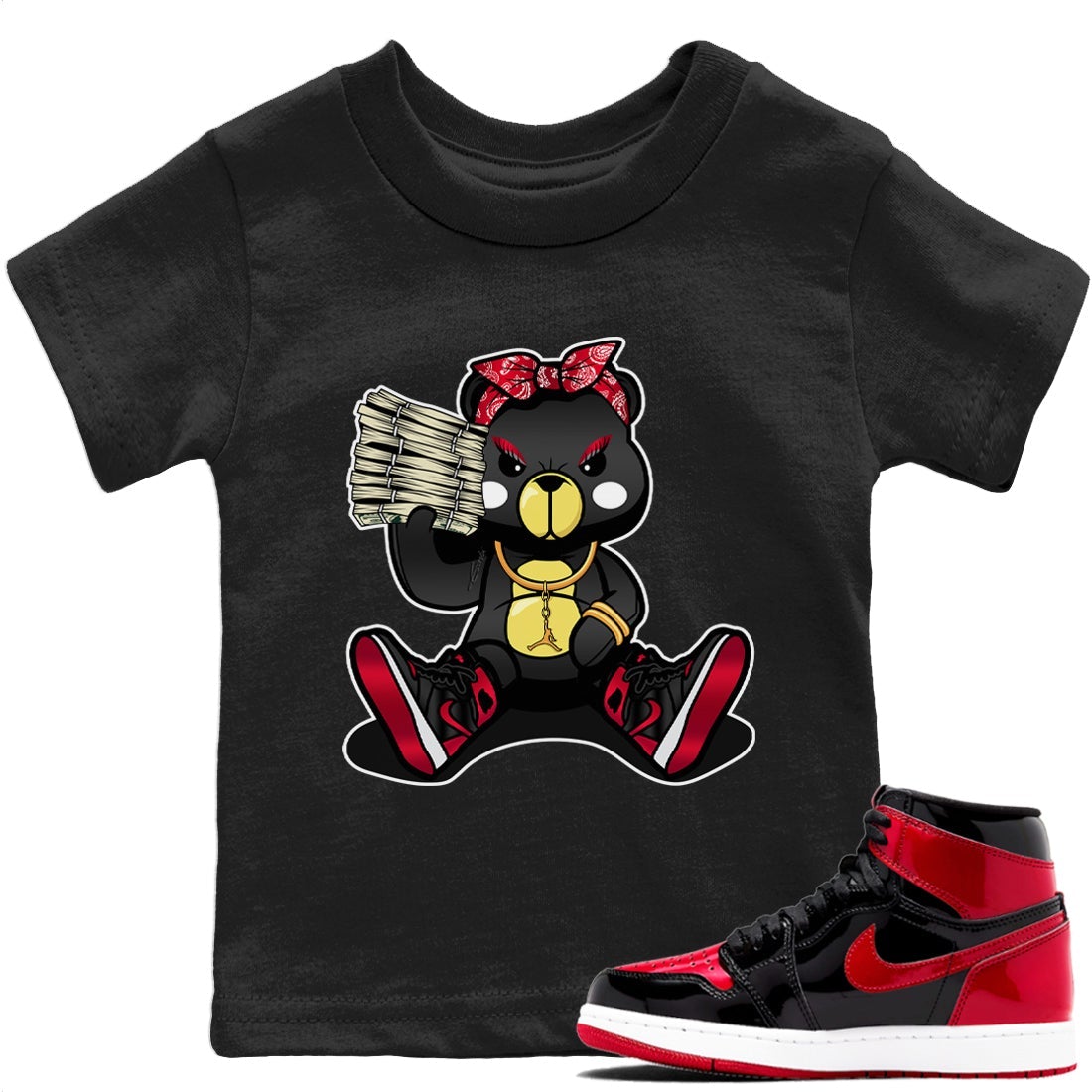 Jordan 1 Bred Patent Sneaker Matching T-Shirt Bad Baby Bear Sneaker Tees Jordan 1 Bred Patent Sneaker Release Tees Kids Shirts