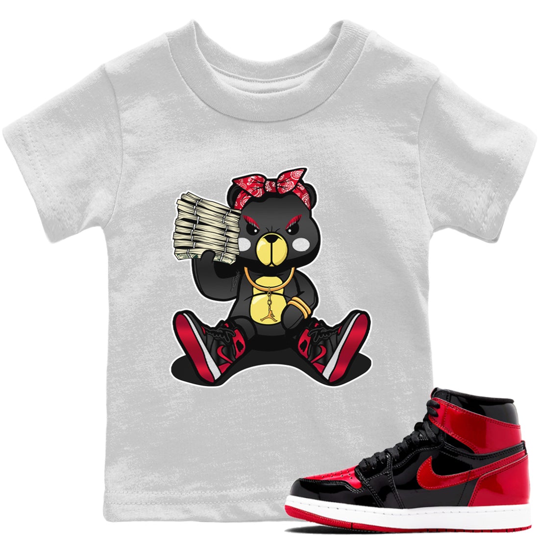 Jordan 1 Bred Patent Sneaker Matching T-Shirt Bad Baby Bear Sneaker Tees Jordan 1 Bred Patent Sneaker Release Tees Kids Shirts