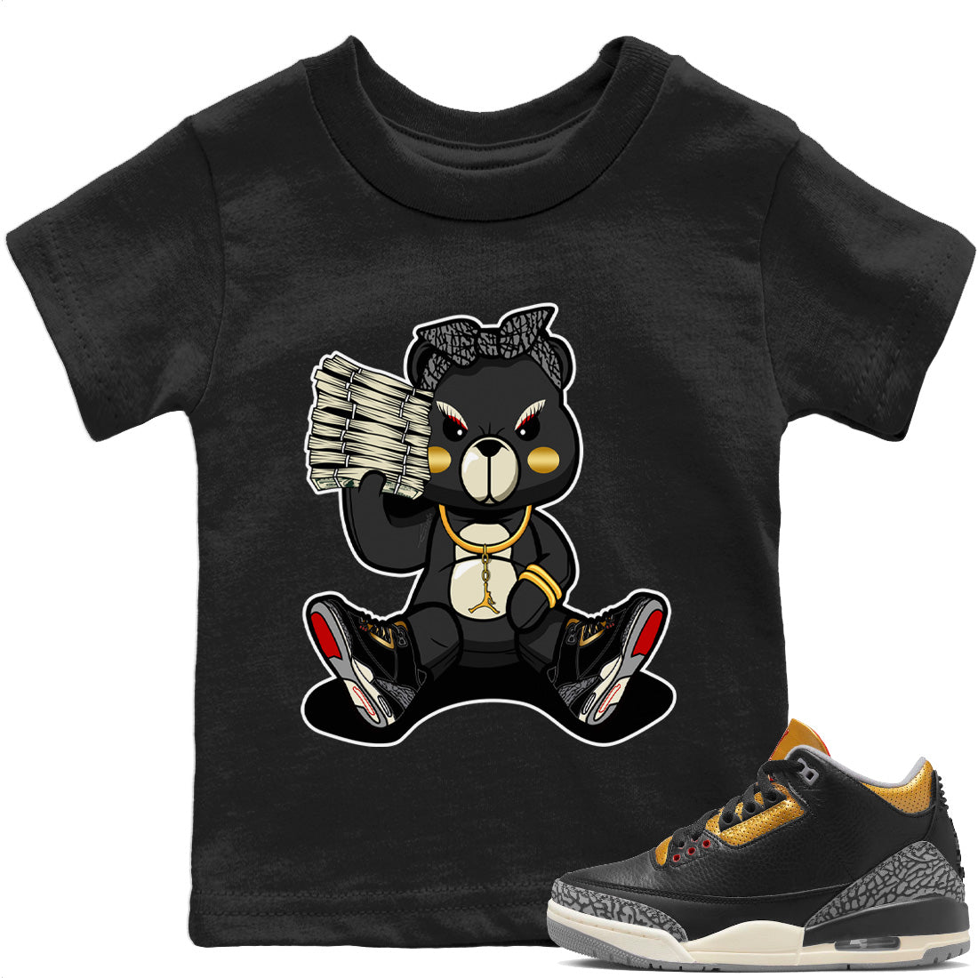 Jordan 3 Black Gold Sneaker Matching T-Shirt Bad Baby Bear Sneaker Tees Jordan 3 Black Gold Sneaker Release Tees Kids Shirts