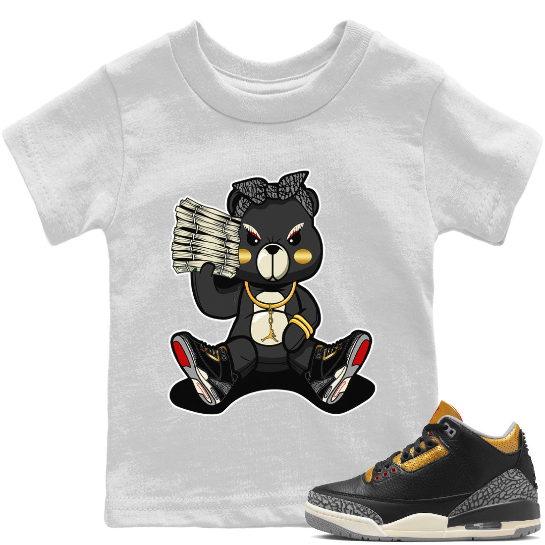 Jordan 3 Black Gold Sneaker Matching T-Shirt Bad Baby Bear Sneaker Tees Jordan 3 Black Gold Sneaker Release Tees Kids Shirts