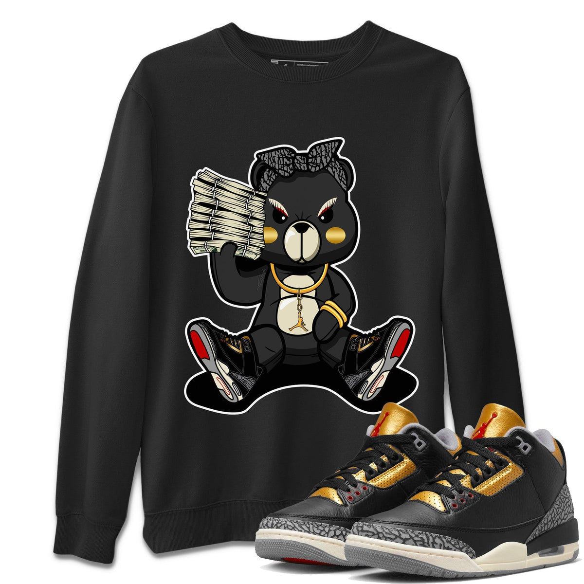 Jordan 3 Black Gold Sneaker Matching T-Shirt Bad Baby Bear Sneaker Tees Jordan 3 Black Gold Sneaker Release Tees Crew Neck Tees