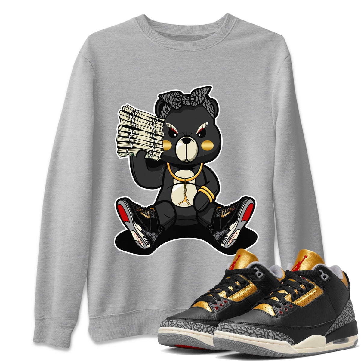 Jordan 3 Black Gold Sneaker Matching T-Shirt Bad Baby Bear Sneaker Tees Jordan 3 Black Gold Sneaker Release Tees Crew Neck Tees