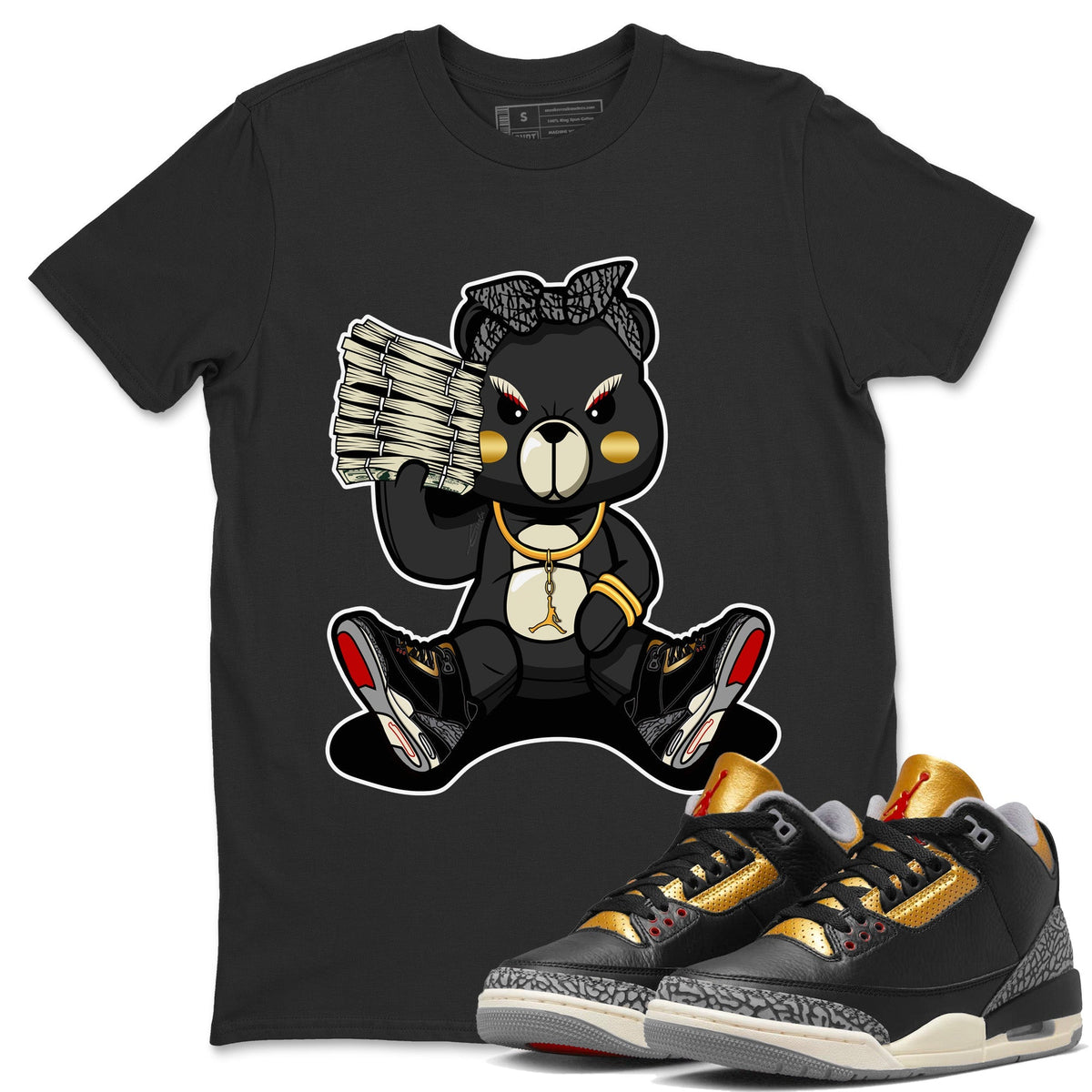 Jordan 3 Black Gold Sneaker Matching T-Shirt Bad Baby Bear Sneaker Tees Jordan 3 Black Gold Sneaker Release Tees Crew Neck Tees