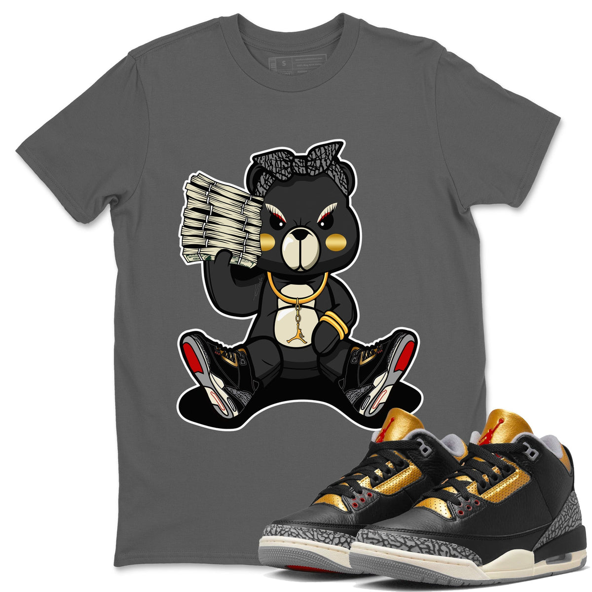 Jordan 3 Black Gold Sneaker Matching T-Shirt Bad Baby Bear Sneaker Tees Jordan 3 Black Gold Sneaker Release Tees Crew Neck Tees