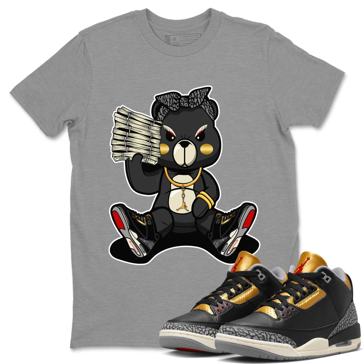 Jordan 3 Black Gold Sneaker Matching T-Shirt Bad Baby Bear Sneaker Tees Jordan 3 Black Gold Sneaker Release Tees Crew Neck Tees