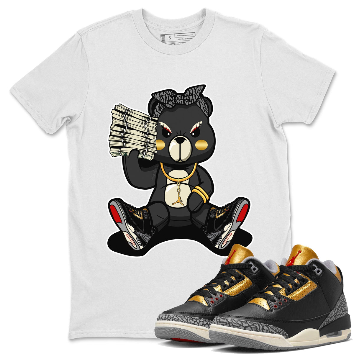 Jordan 3 Black Gold Sneaker Matching T-Shirt Bad Baby Bear Sneaker Tees Jordan 3 Black Gold Sneaker Release Tees Crew Neck Tees