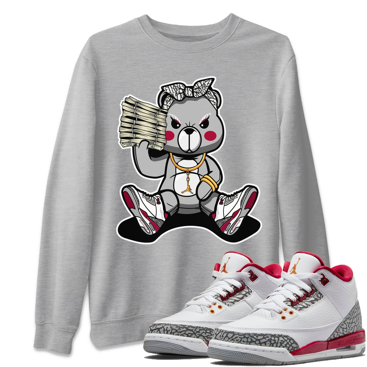Jordan 3 Cardinal Sneaker Matching T-Shirt Bad Baby Bear Sneaker Tees Jordan 3 Cardinal Sneaker Release Tees Crew Neck Tees