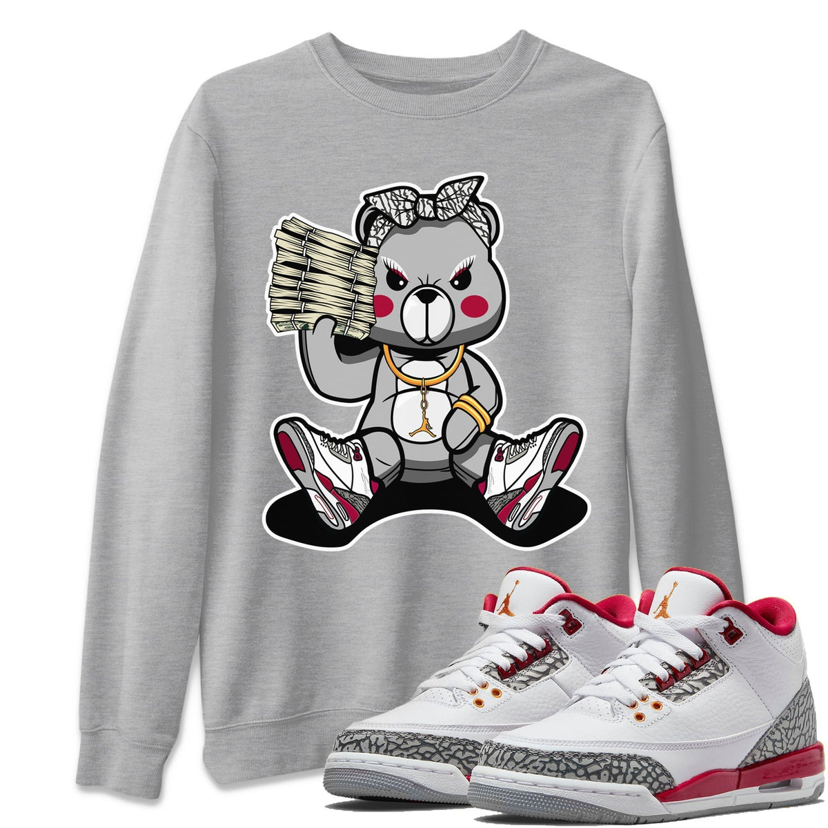 Jordan 3 Cardinal Sneaker Matching T-Shirt Bad Baby Bear Sneaker Tees Jordan 3 Cardinal Sneaker Release Tees Crew Neck Tees