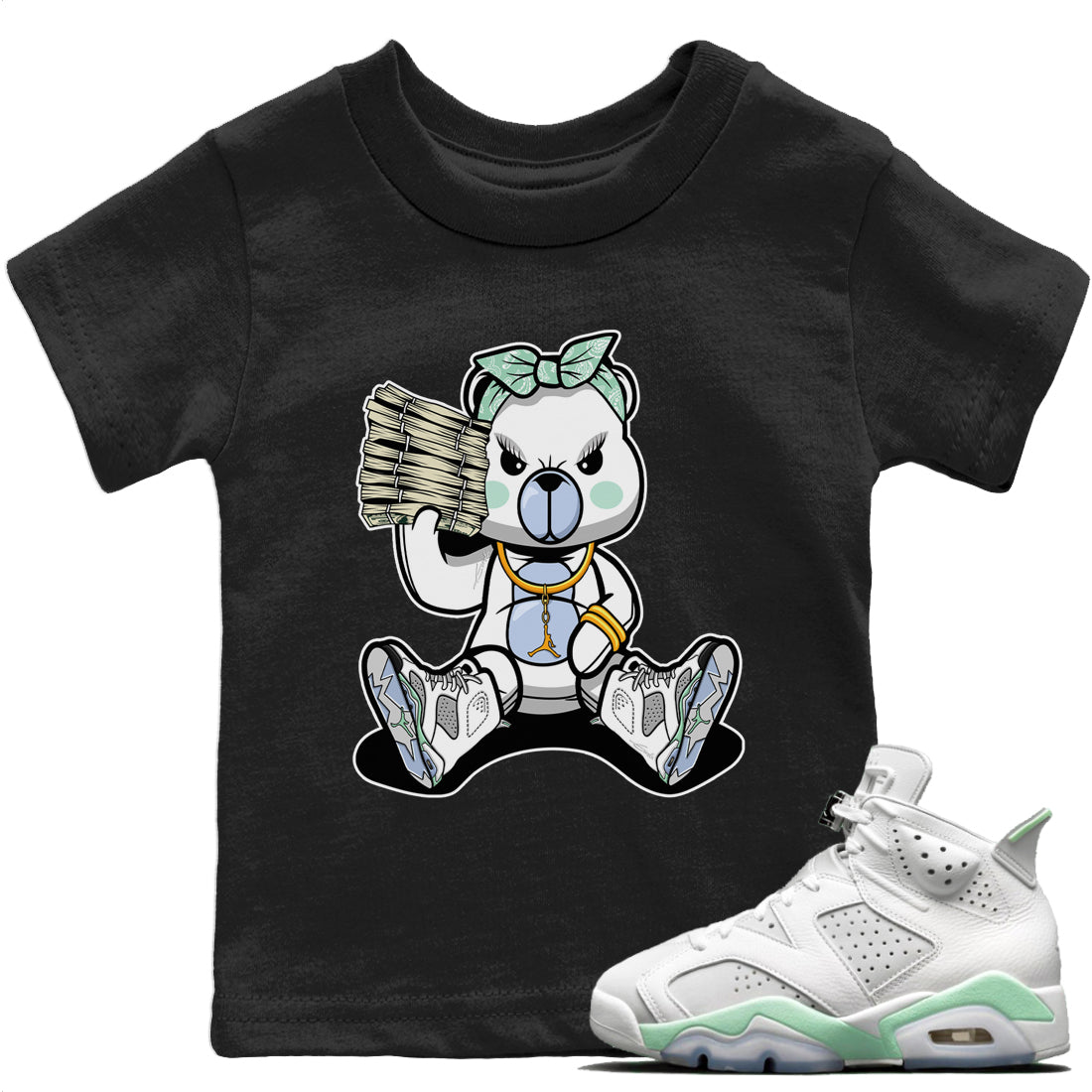 Jordan 6 Mint Foam Sneaker Matching T-Shirt Bad Baby Bear Sneaker Tees Jordan 6 Mint Foam Sneaker Release Tees Kids Shirts