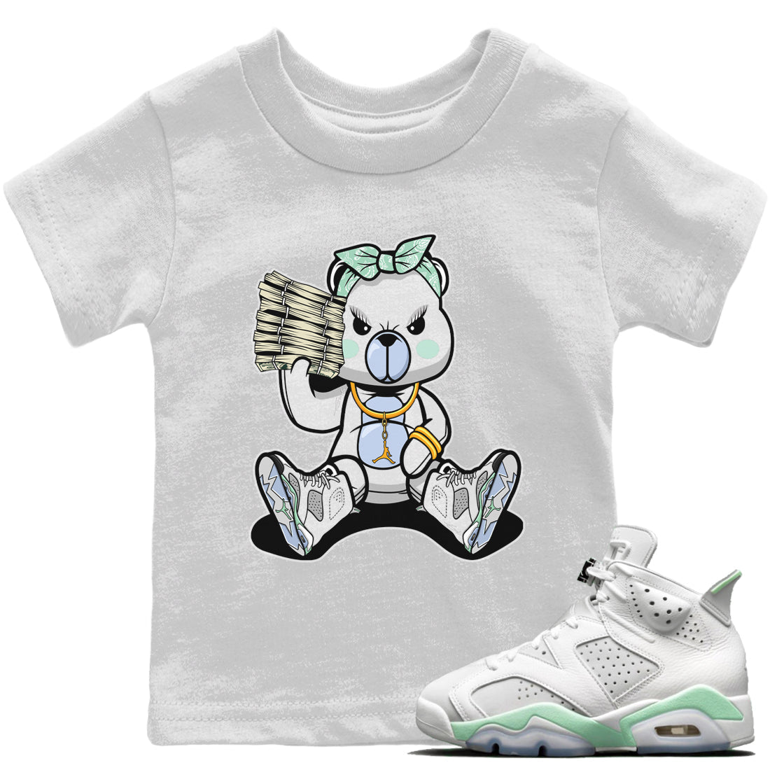 Jordan 6 Mint Foam Sneaker Matching T-Shirt Bad Baby Bear Sneaker Tees Jordan 6 Mint Foam Sneaker Release Tees Kids Shirts