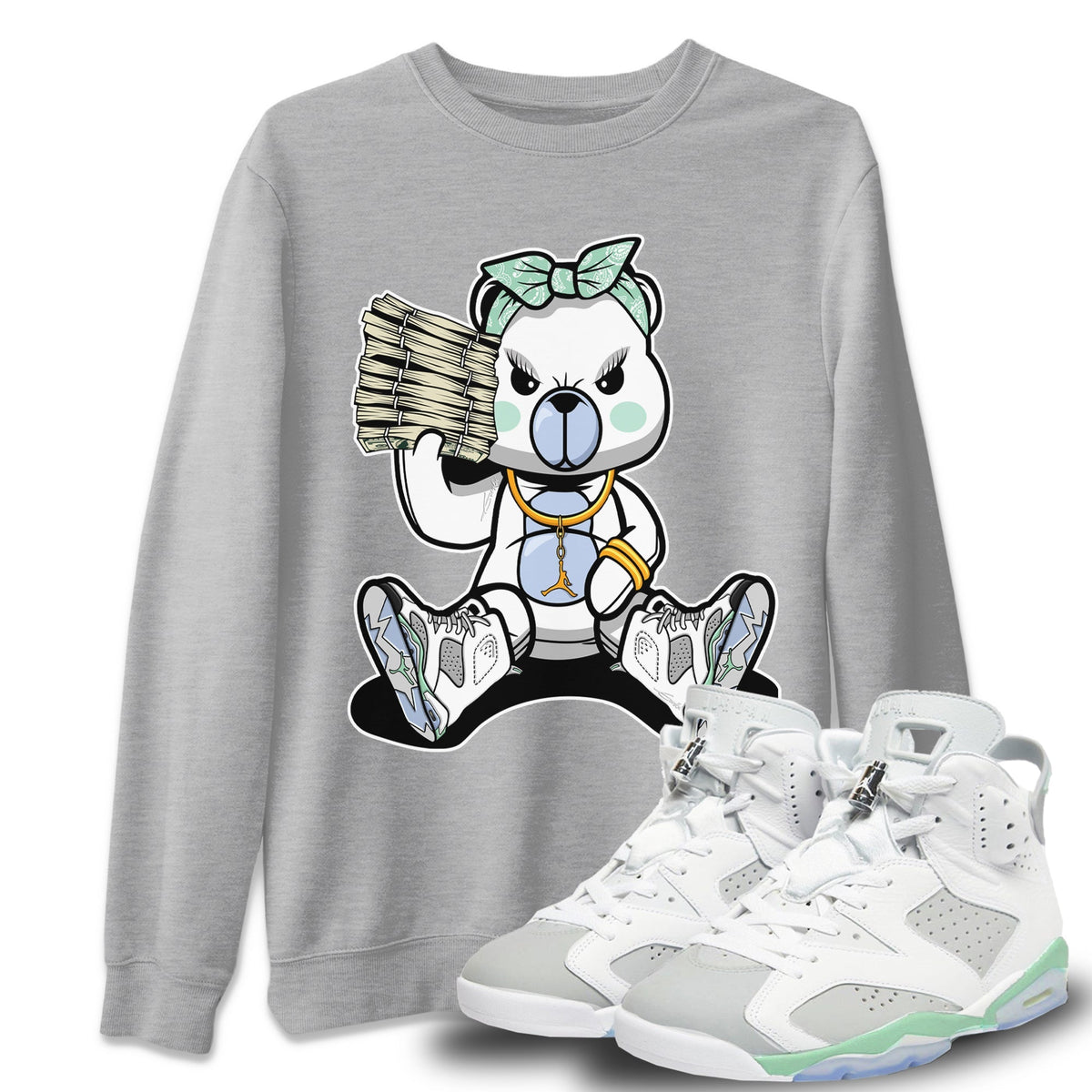 Jordan 6 Mint Foam Sneaker Matching T-Shirt Bad Baby Bear Sneaker Tees Jordan 6 Mint Foam Sneaker Release Tees Crew Neck Tees