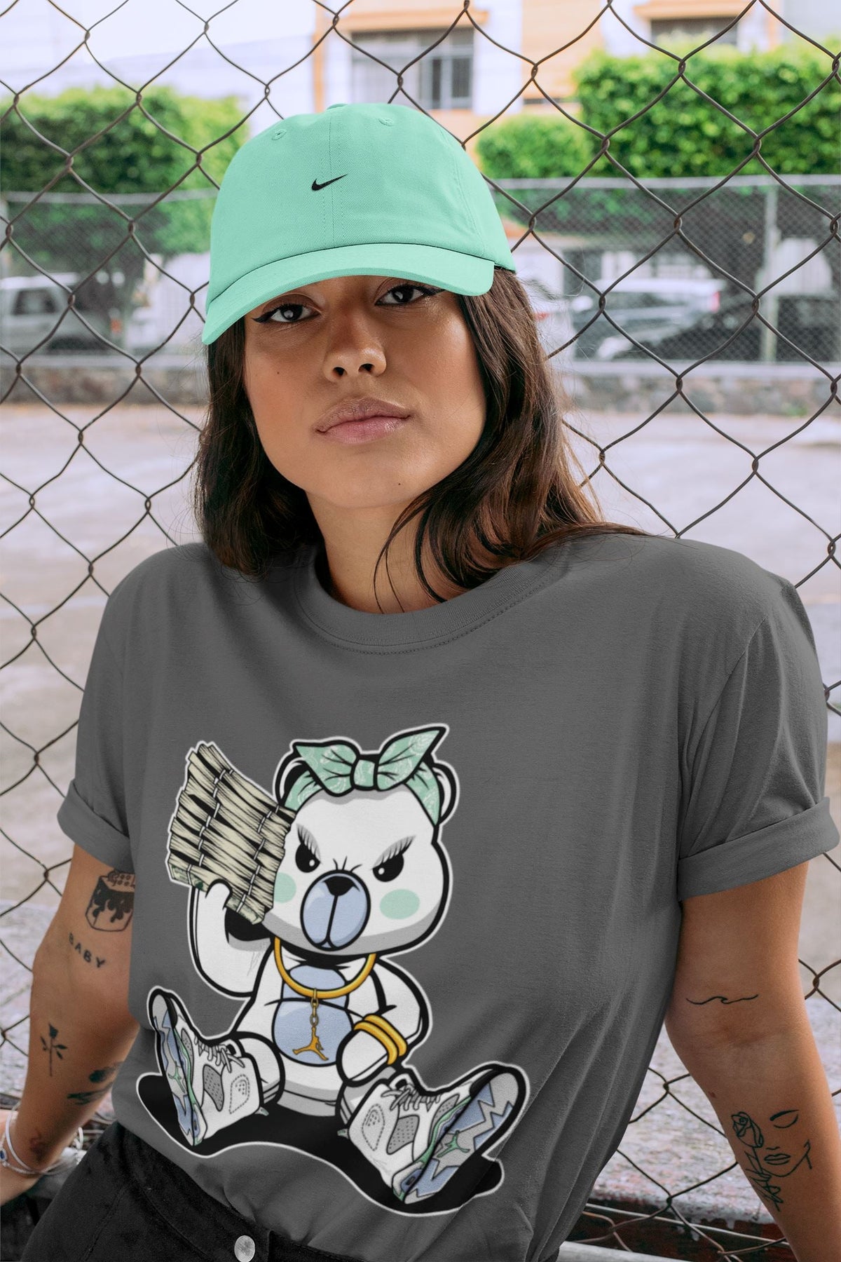 Jordan 6 Mint Foam Sneaker Matching T-Shirt Bad Baby Bear Sneaker Tees Jordan 6 Mint Foam Sneaker Release Tees Crew Neck Tees