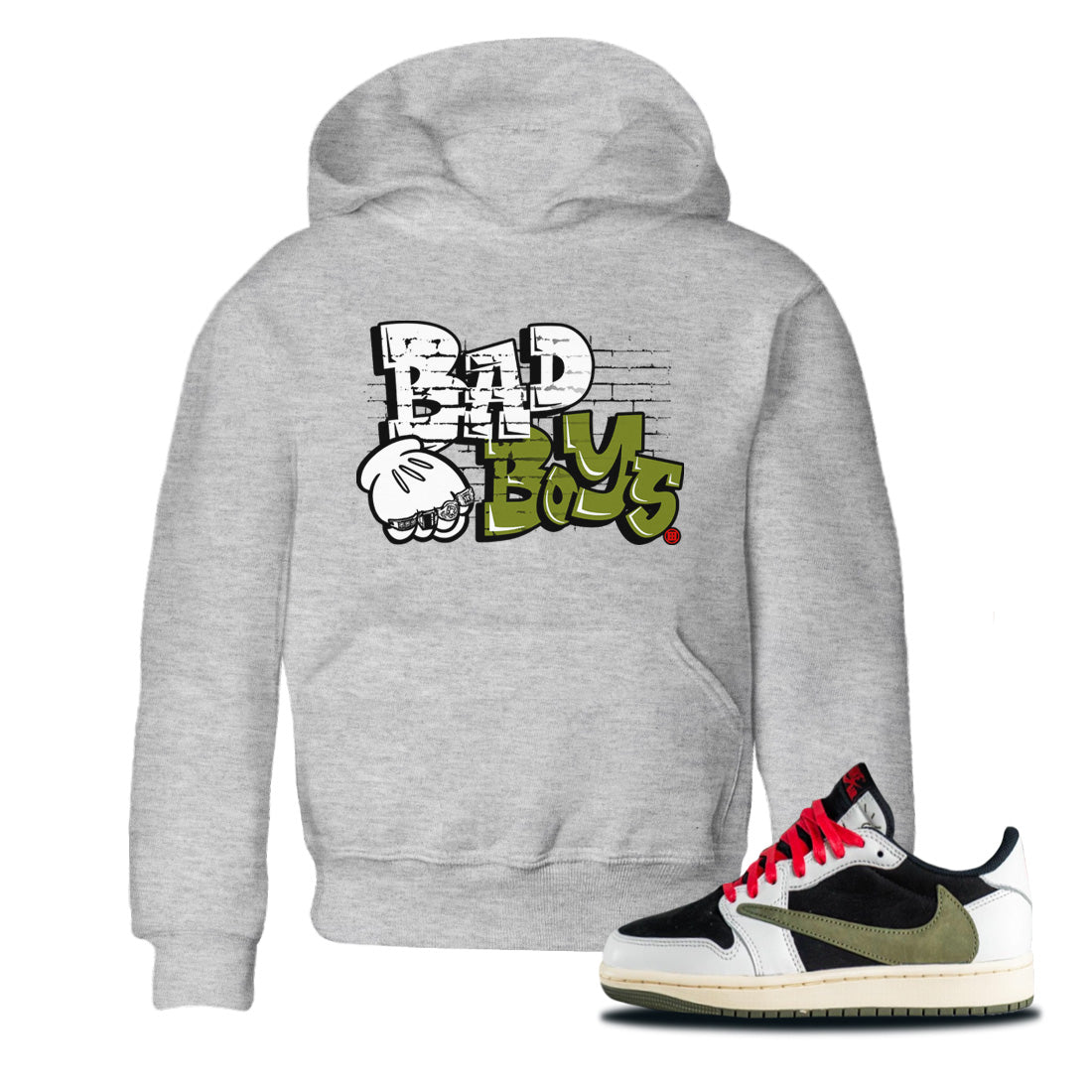 Air Jordan 1 Travis Scott Olive Sneaker Match Tees Bad Boys Streetwear Sneaker Shirt Air Jordan 1 Low x Travis Scott x Olive Sneaker Release Tees Kids Shirts Heather Grey 1