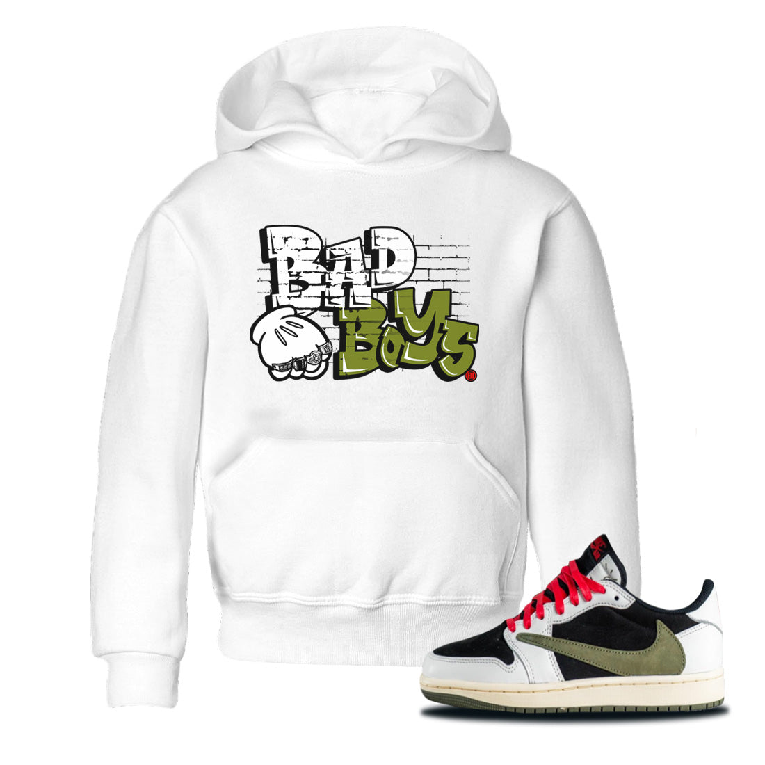 Air Jordan 1 Travis Scott Olive Sneaker Match Tees Bad Boys Streetwear Sneaker Shirt Air Jordan 1 Low x Travis Scott x Olive Sneaker Release Tees Kids Shirts White 1